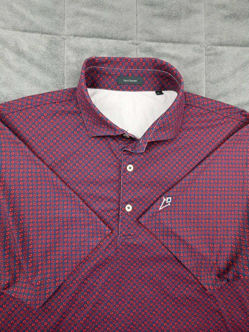Turtleson Men's Performance Golf Polo Shirt Red Blue geometric Pattern Size L